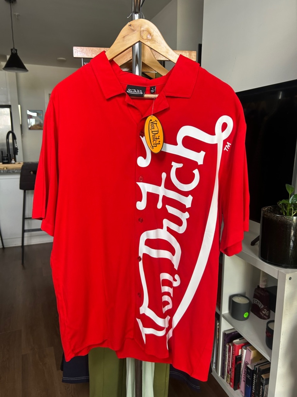Von Dutch Red Short-Sleeve Button Front Shirt with White Script